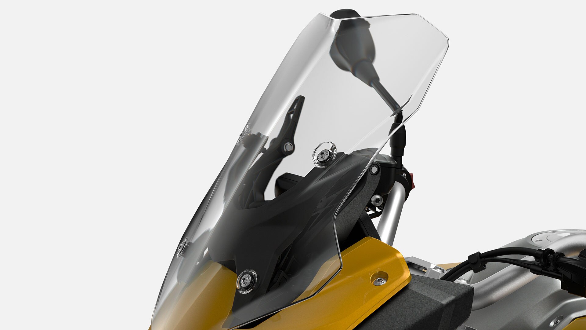 We see the windshield of the BMW F 900 XR.